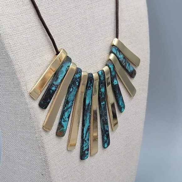 Bib Necklace Gold tone Statement Black Cord 18" - Picture 2 of 8